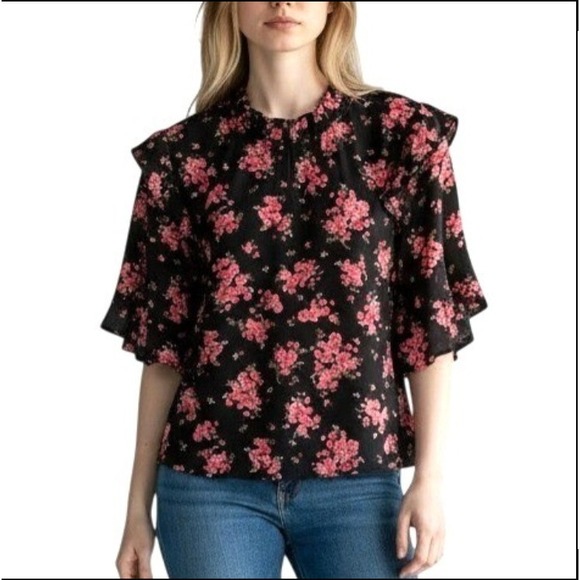 CeCe Tops - CeCe Blouse Women XS Black Floral Ruffle Flutter Sleeve Cottage Feminine Boho